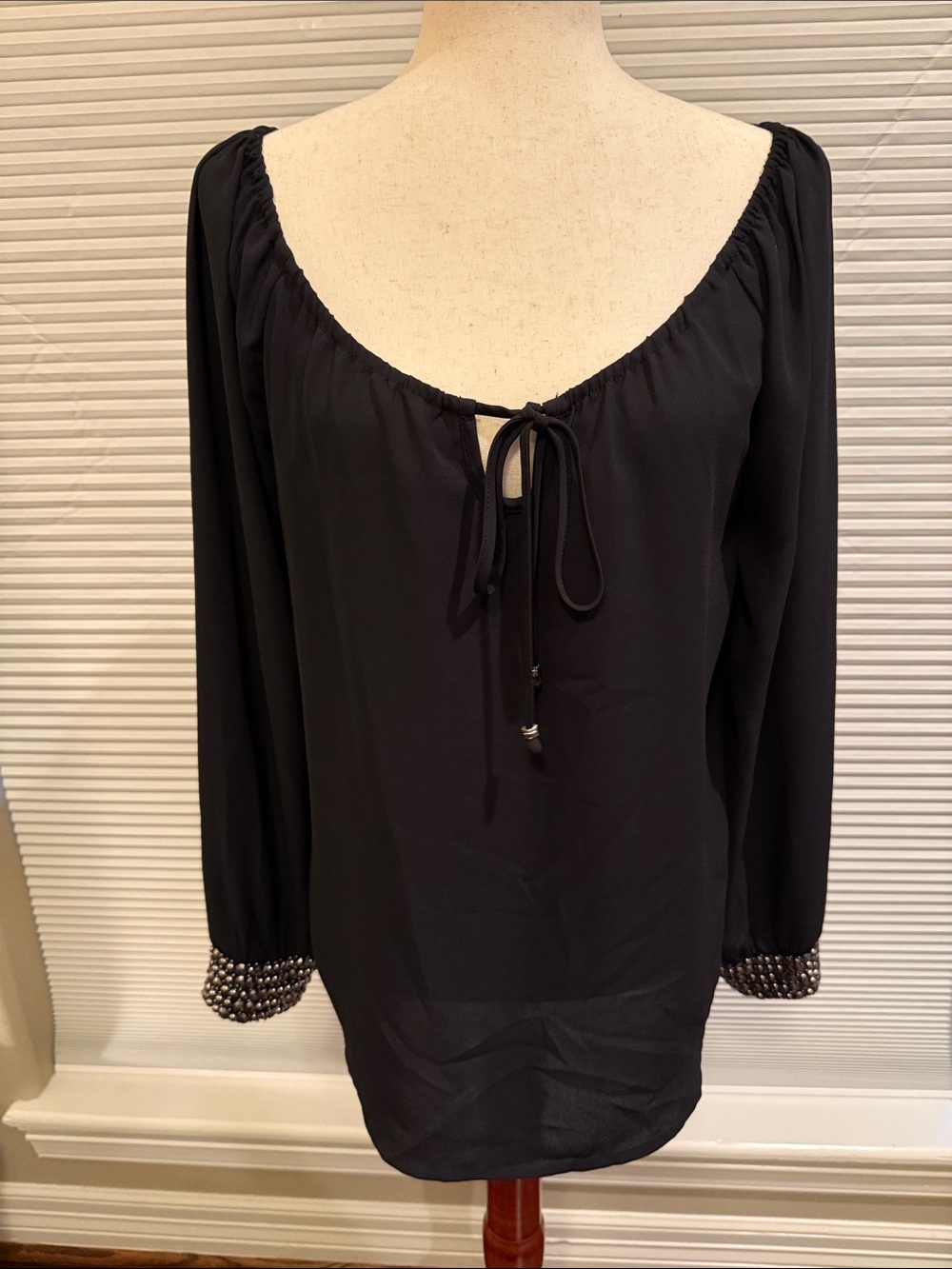 Boston Proper - Womens Black Peasant Tie-Neck Top with Beaded Cuffs